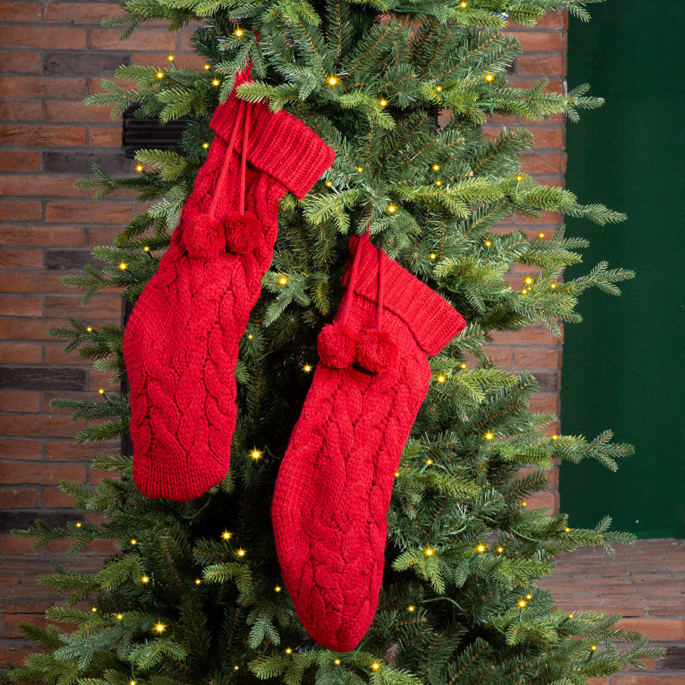 2-Pack 24"L Knitted Polyester Christmas Stocking With Pom Pom Ball, Red