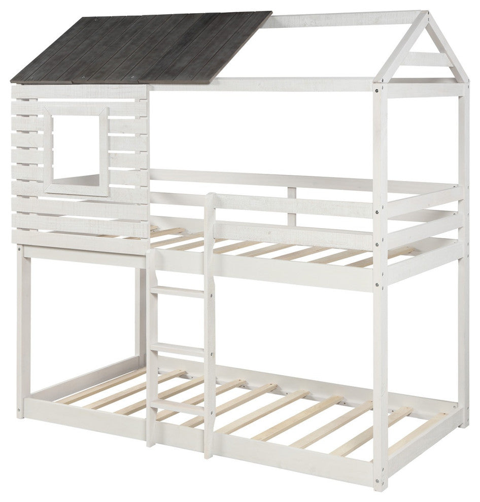 Antique White Twin Over Twin Bunk Bed With Roof