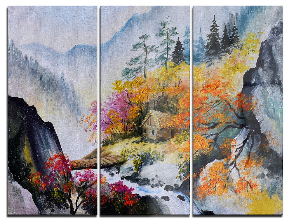 "House in the Mountains" Glossy Metal Wall Art, 3 Panels, 36"x28"