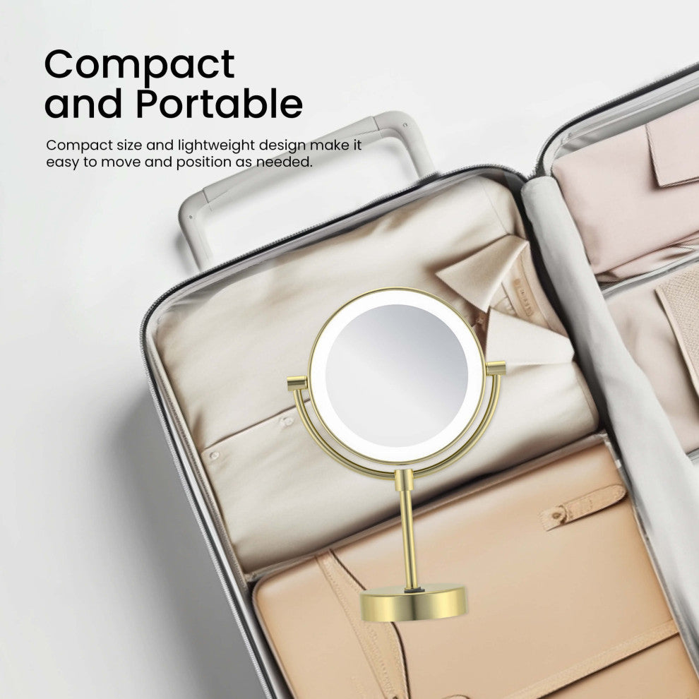 Circular LED Free Standing Magnifying Make Up Mirror, Brushed Gold