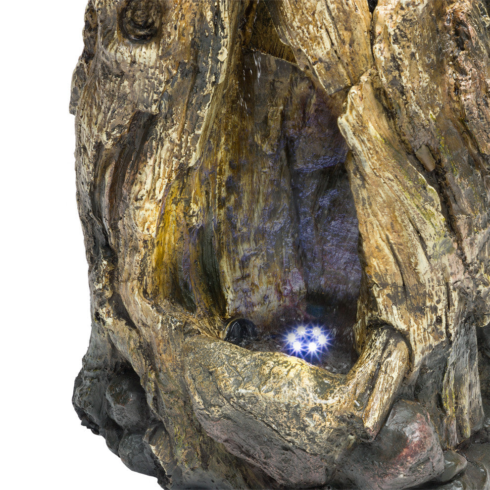 Alpine Rainforest Waterfall Tree Trunk Fountain With LED Lights, 22" Tall