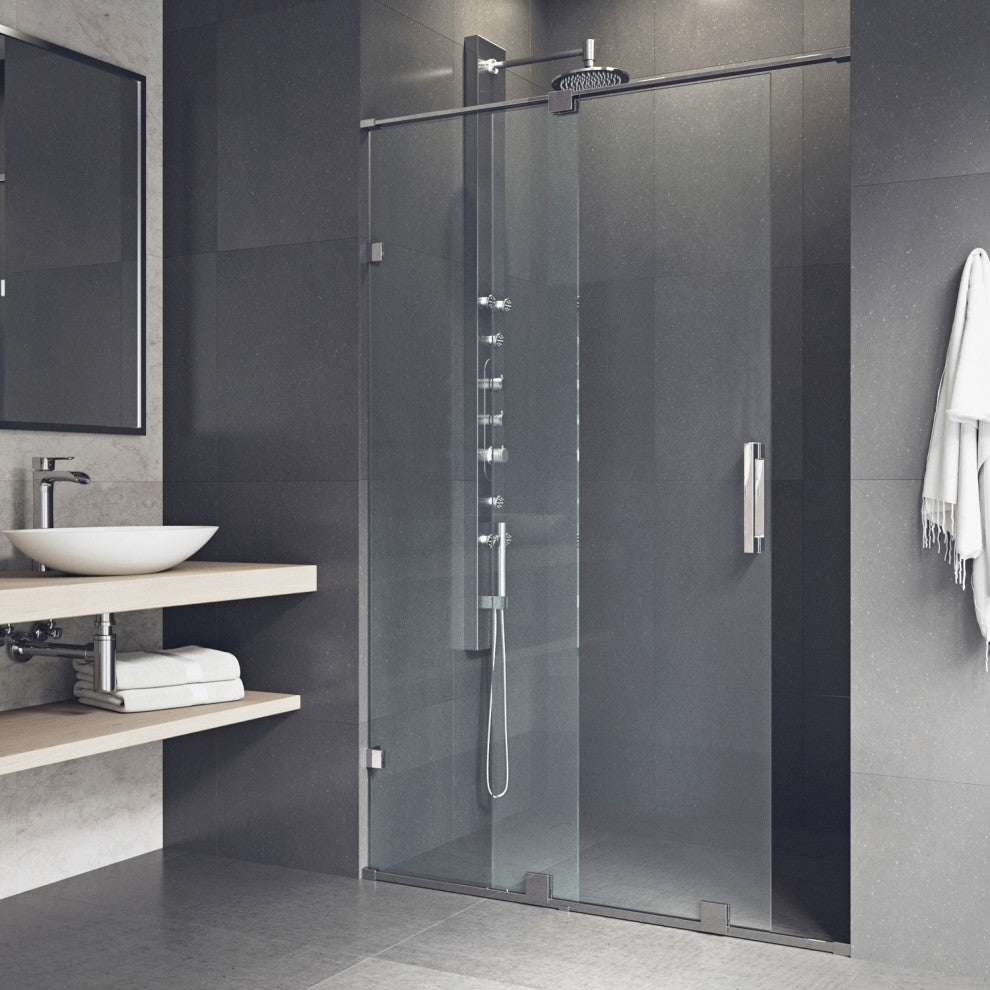 VIGO Ryland 60" to 62" W x 73" H Frameless Track Sliding Shower Door, Stainless Steel, Clear Glass