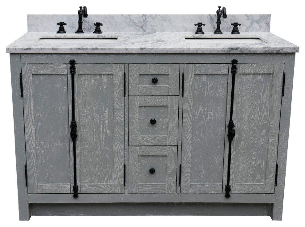 55" Double Vanity, Gray Ash With White Carrara Marble, Mirrors & Rectangle Sinks