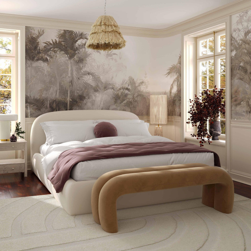 Bara Cream Textured Velvet Bed, Queen