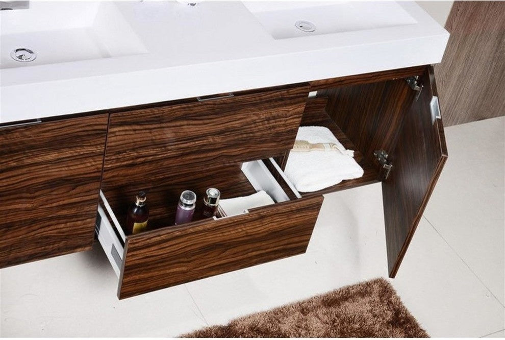 Bliss 60" Double Sink Walnut Wall Mount Modern Bathroom Vanity