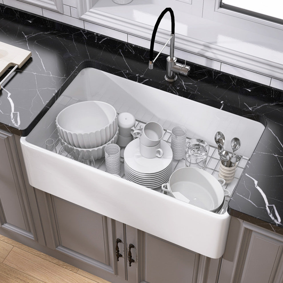 36"L x 20"W  White Single Bowl Fireclay Farmhouse Kitchen Sink With Accessories