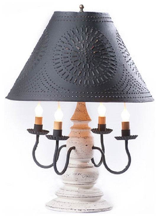 Handcrafted Wood Harrison Table Lamp With Punched Tin Shade, Vintage White