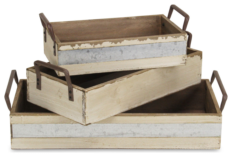 Rectangular Wood and Metal Storage Crates, Set of 3