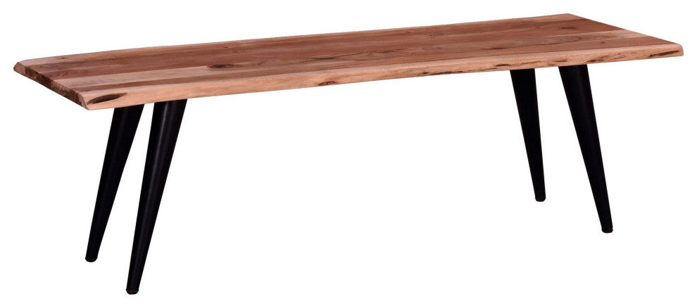 Benzara BM286508 Dining Bench, Live Edge Acacia Wood, Light Oak Brown, Black