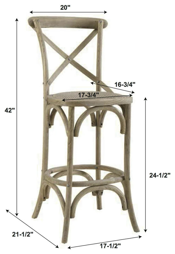 Unique Counter Stool, Elm Wood Construction With X-Shaped Backrest, Gray Wash