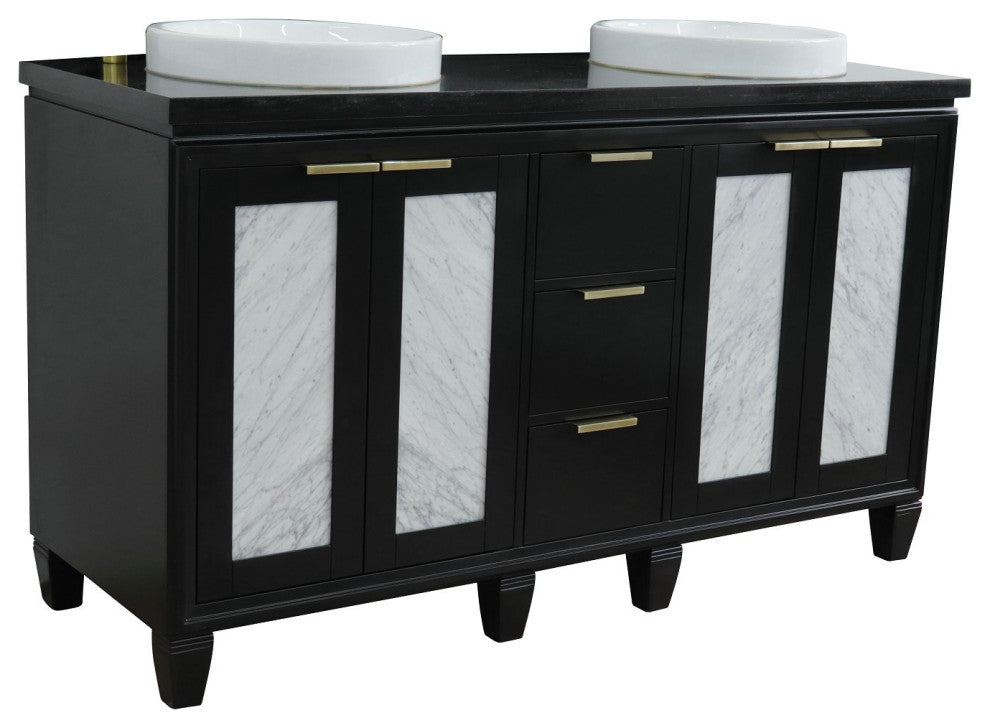 61" Double Sink Vanity, Black Finish With Black Galaxy Granite And Round Sink