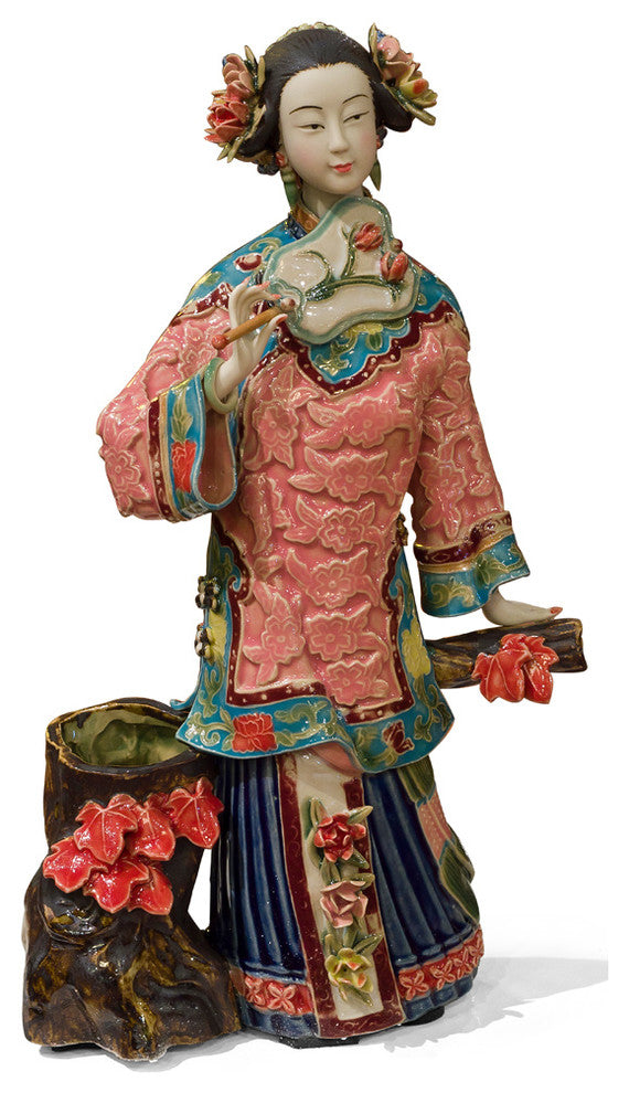Chinese Porcelain Figurine, Lady with Autumn Maple Leaves