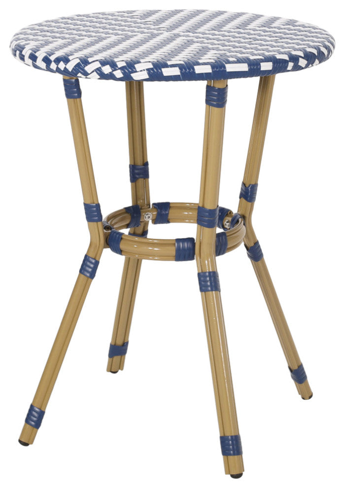 Deshler Outdoor Aluminum French Bistro Table, Navy Blue + White + Bamboo Finish