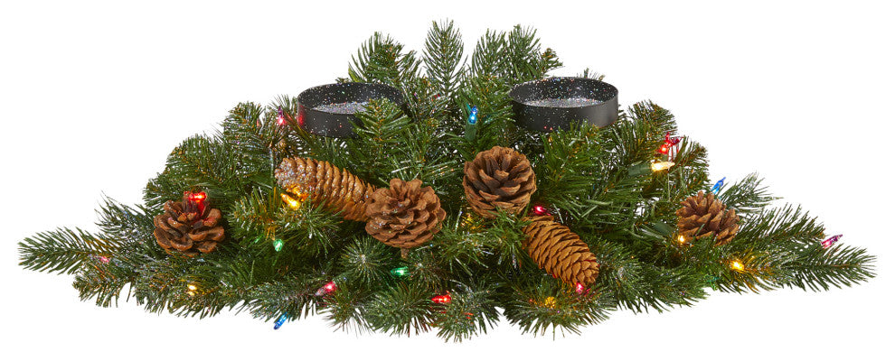 24" Flocked & Glittered Faux Xmas Double Candelabrum With 35 Lights & Pinecones