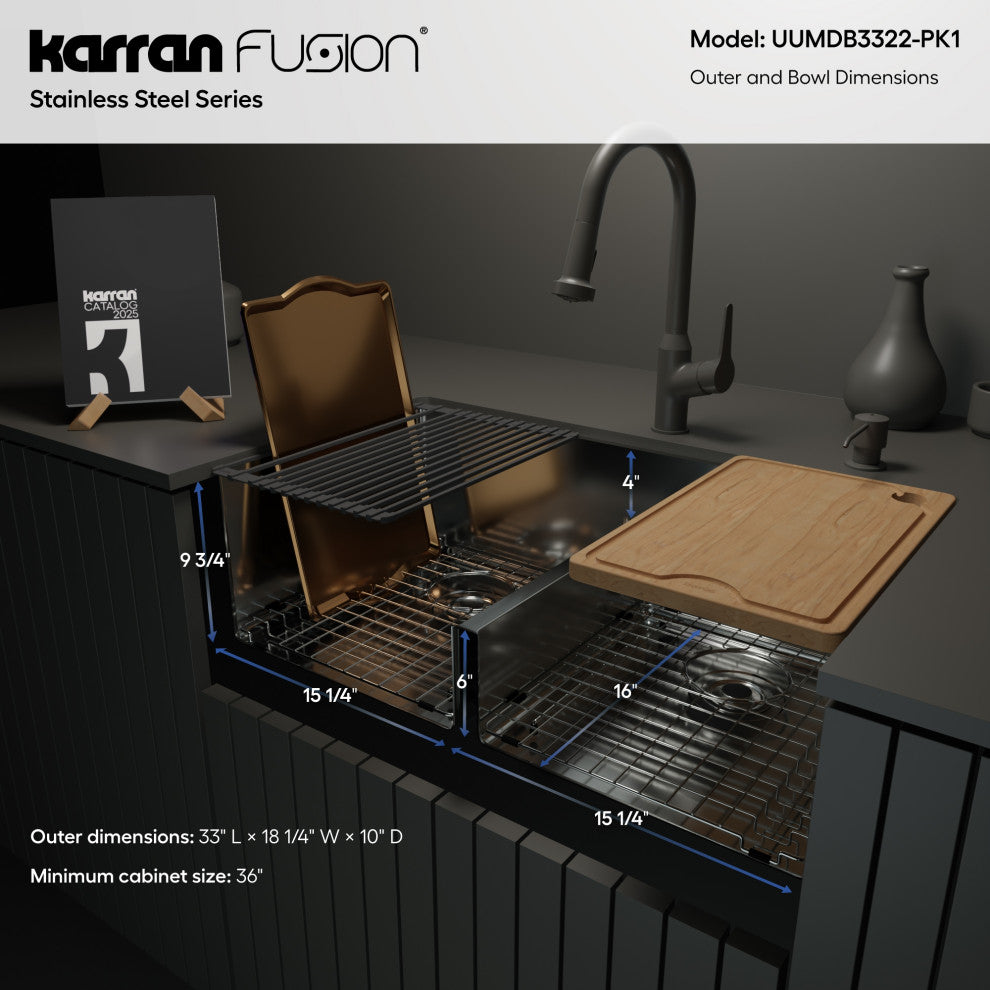 Karran Undermount 33-in Stainless Steel Double Bowl Workstation Kitchen Sink