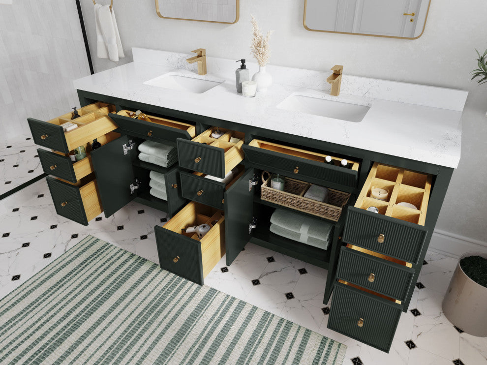 Sonoma 84 Double Sink Reeded Bath Vanity in Dark Forest Green 2" Empira White