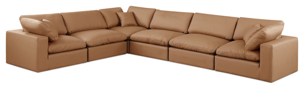Comfy Upholstered L-Shaped Modular Sectional, Cognac, 6-Piece: 3 Armless Chair, 3 Corner Chair, Vegan Leather