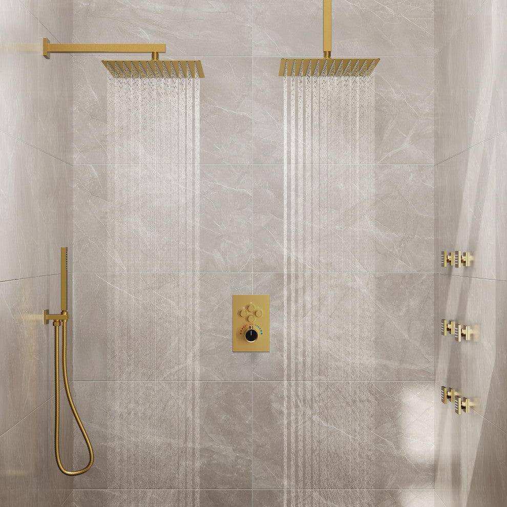 Thermostatic Shower System 12" Dual Shower Heads with Body Jet, Brushed Gold