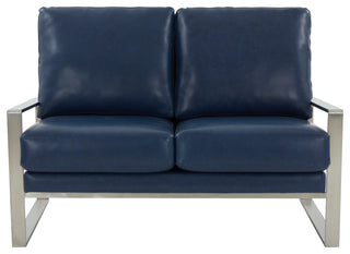 LeisureMod Jefferson Modern Faux Leather Loveseat With Silver Frame, Navy Blue