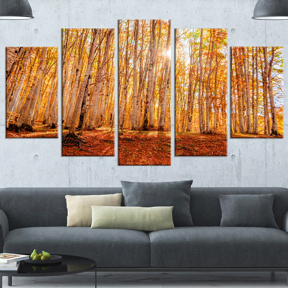 Colorful Red Forest at Sunset, Modern Forest Canvas Art, 60"x32", 5 Panels
