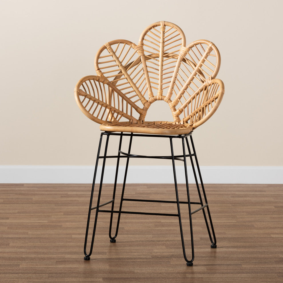 Garan Modern Bohemian Natural Brown Rattan and Black Metal Counter Stool