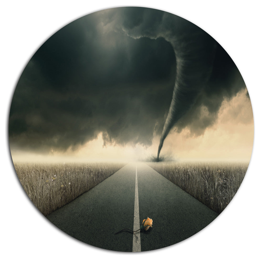 Yellow Rose On The Dark Road, Landscape Round Metal Wall Art, 11"