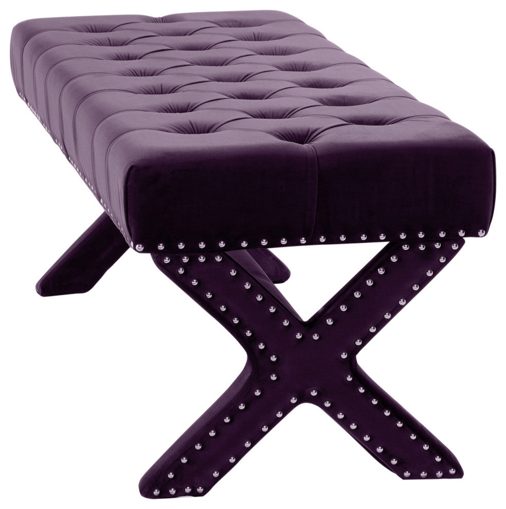 Diana Velvet Button Tufted Silver Nailhead Trim X-Leg Bench, Plum