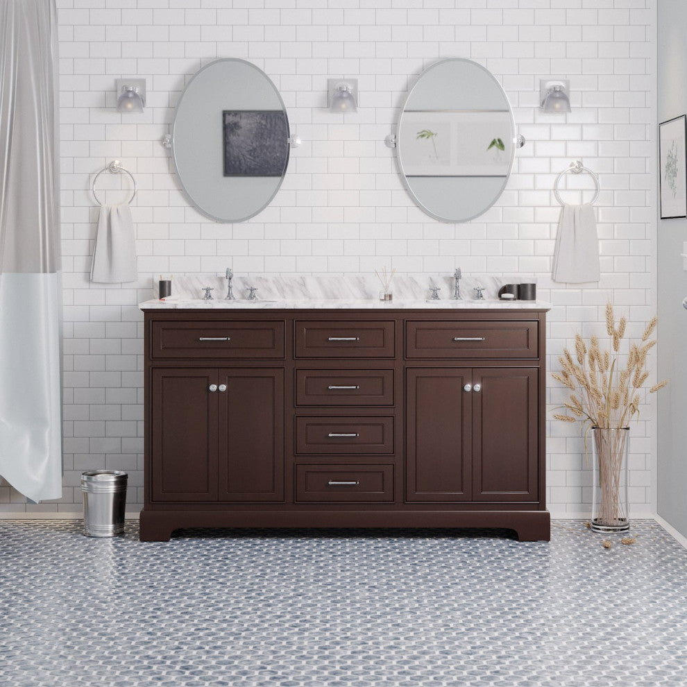 Aria 60" Bathroom Vanity, Chocolate, Carrara Marble, Double Vanity
