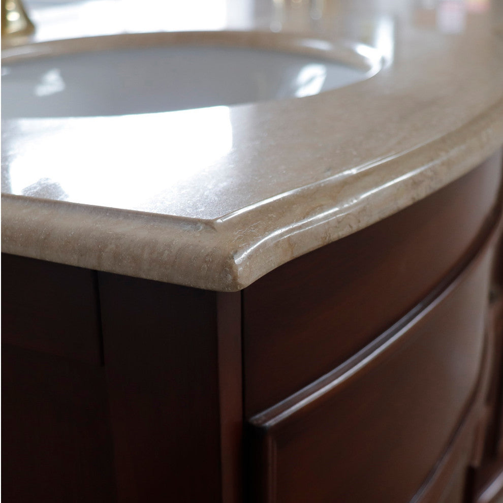 62" Double Sink Vanity Walnut Finish, Travertine Top