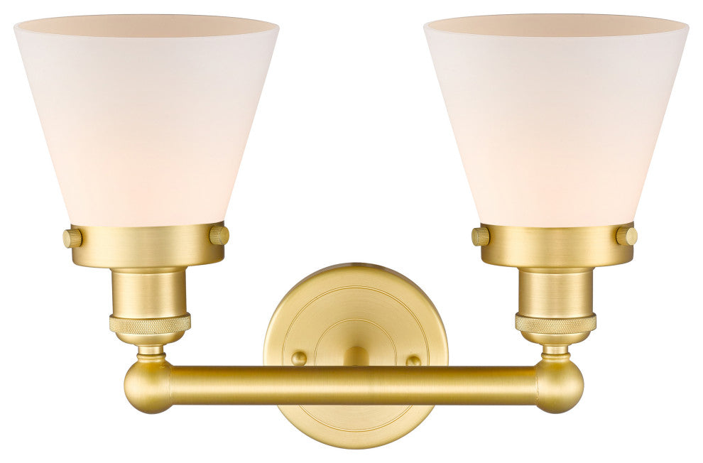 Edison Small Cone 2-Light 16" Vanity Light, Satin Gold Finish, Matte White Shade