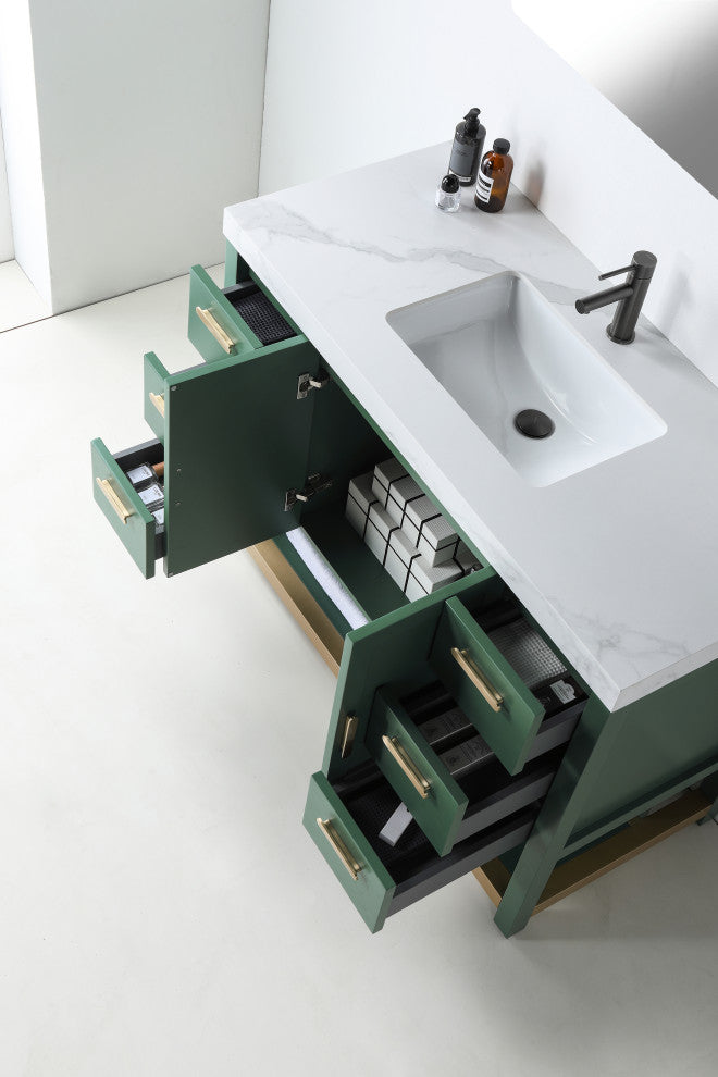 WINCHESTER Freestanding Modern Bathroom Vanity, Forest Green, 48", White Countertop