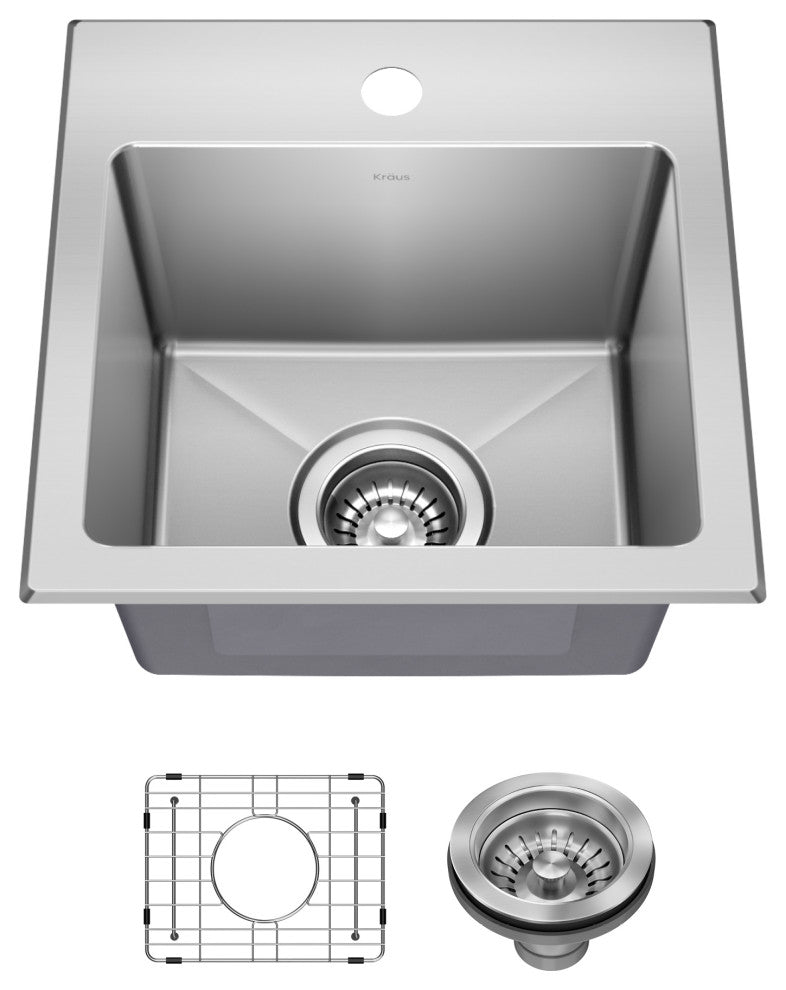 KRAUS Fairlane 15" Drop, / Top Mount 1-Bowl Stainless Steel Kitchen Sink