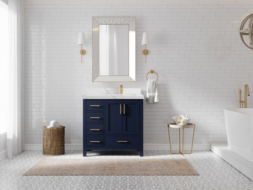 Malibu 36 Right Offset Bath Vanity in Navy Blue 2" Calacatta Laza