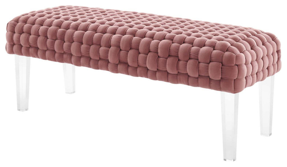 Ottoman Bench, Pink, Velvet, Modern, Mid Century Hotel Lounge Cafe