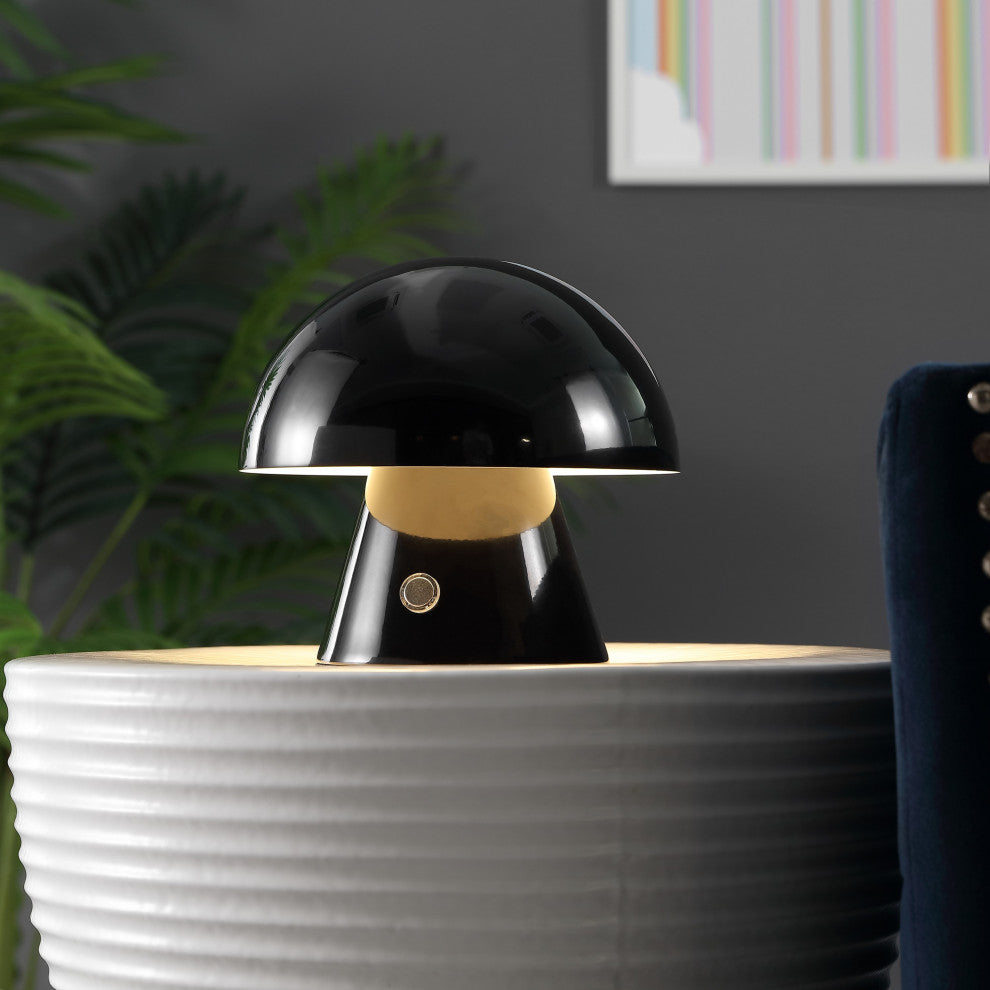 Porcini 7" Rechargeable/Cordless Iron Integrated LED Mushroom Table Lamp, Black