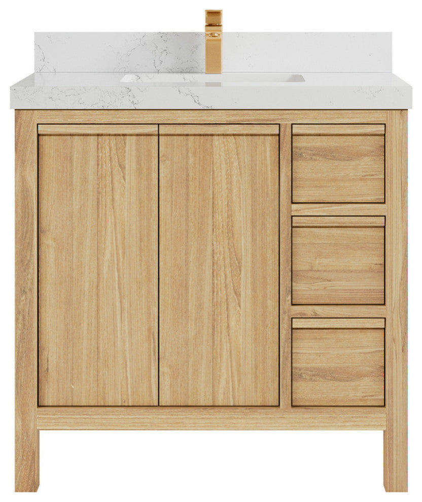 Elizabeth 36 Center Sink Bath Vanity in Light Natural Teak 2" Empira Quartz