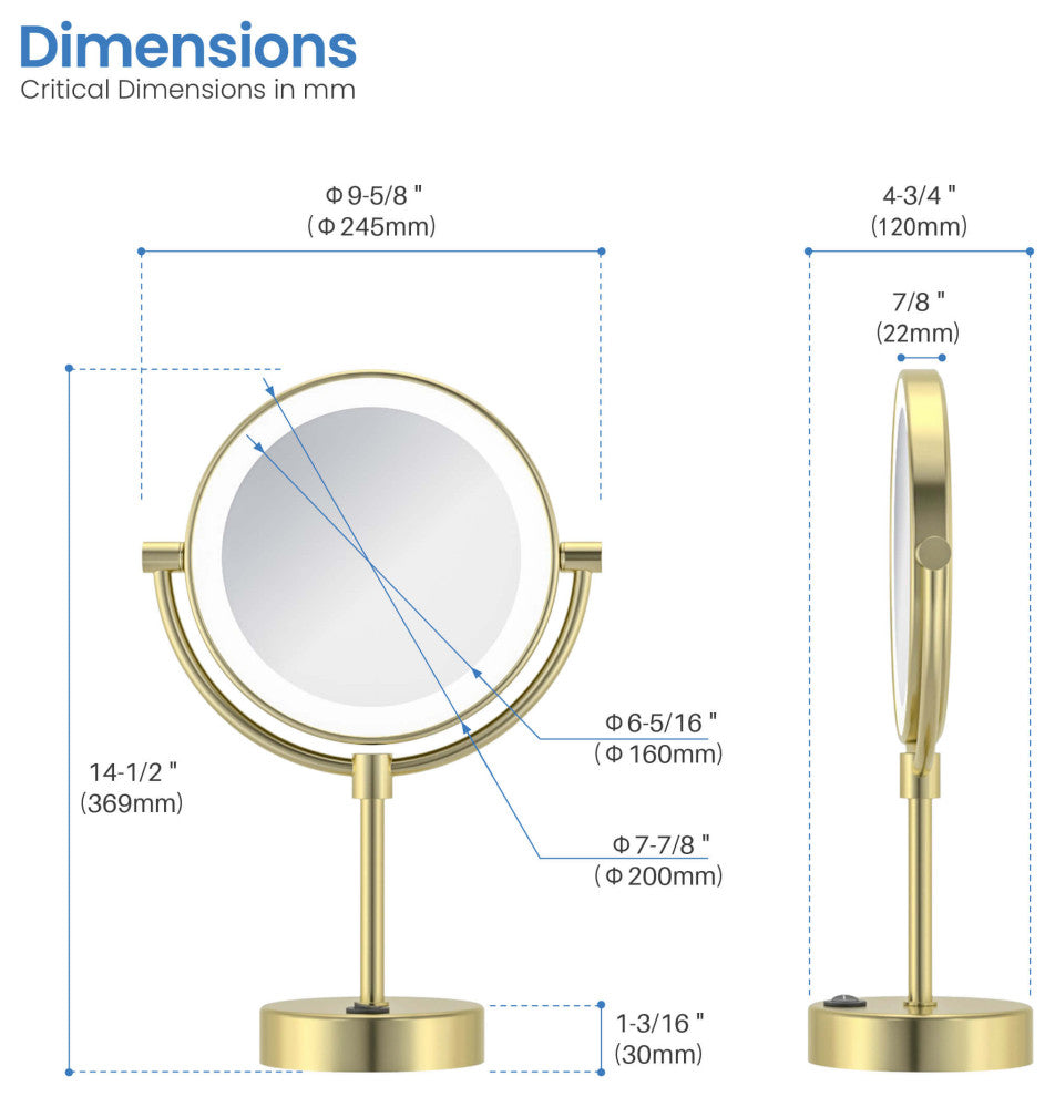 Circular LED Free Standing Magnifying Make Up Mirror, Brushed Gold