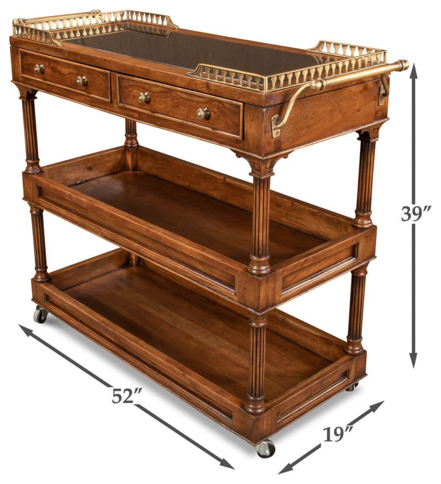 Traditional Style Walnut Rolling Bar Cart