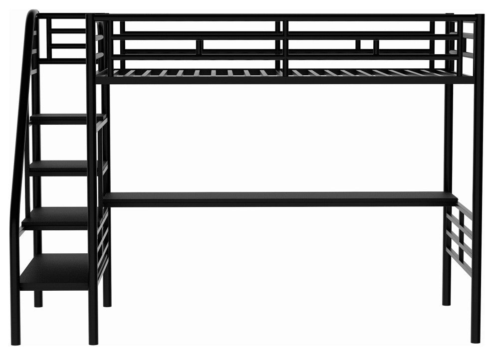 Gewnee Metal Loft Bed Frame with Desk, No Box Spring Needed,Twin,In Black