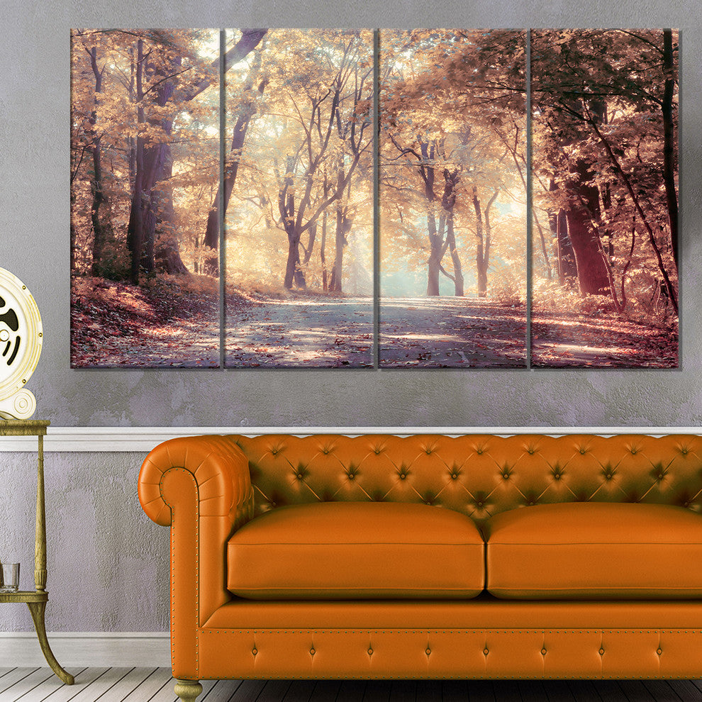 Golden Autumn Beautiful Forest, Landscape Canvas Art Print, 48"x28", 4 Panels