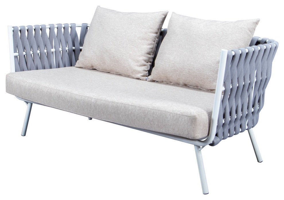 LeisureMod Spencer 4 Piece Outdoor Patio Rope Sofa Conversion Set, Light Grey