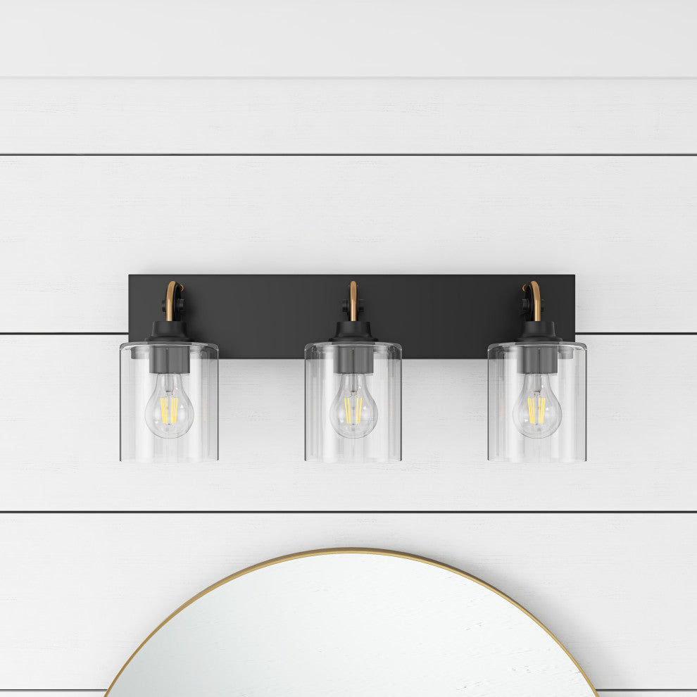 Matte Black 3-Light Cylinder Clear Glass Vanity Light for Bathroom