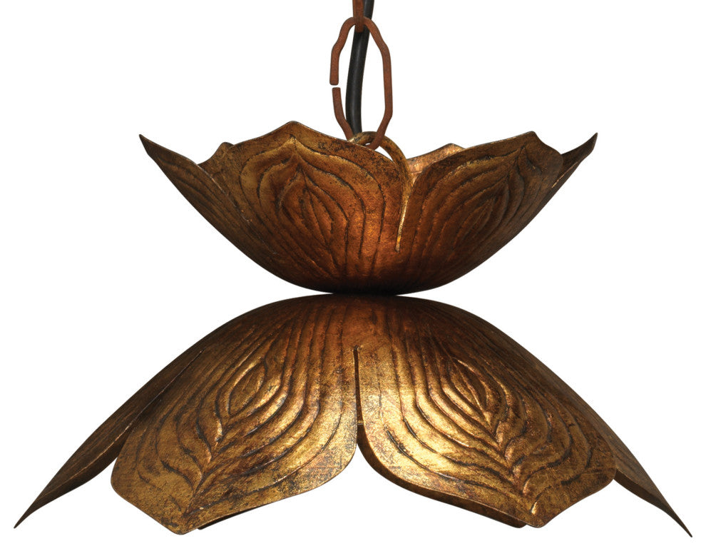 Flowering Lotus Iron 1-Light Pendant, Antique Gold, Small