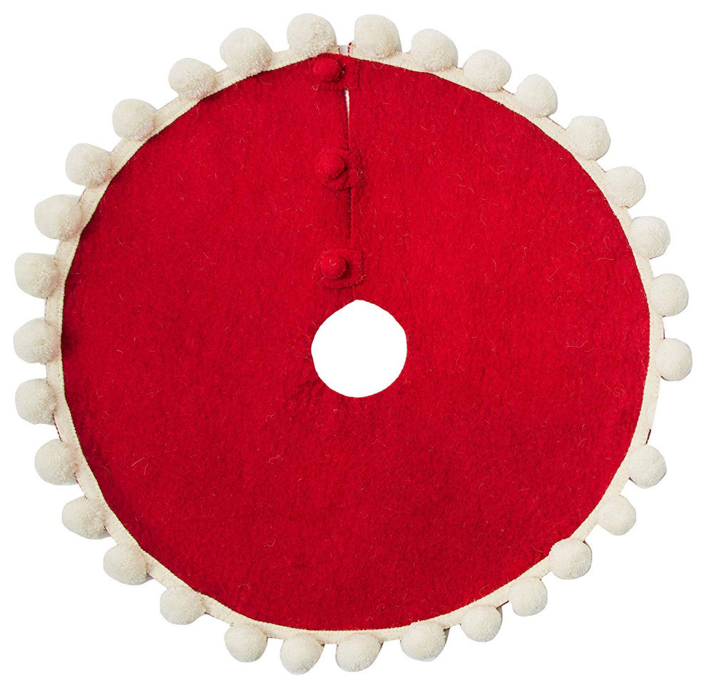 Mini Christmas Tree Skirt Pom Poms, Red Hand Felted Wool, 26"