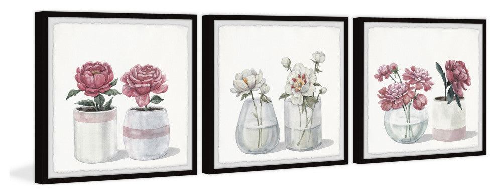 Pretty Pink Flowers Triptych, Set of 3, 12x12 Panels