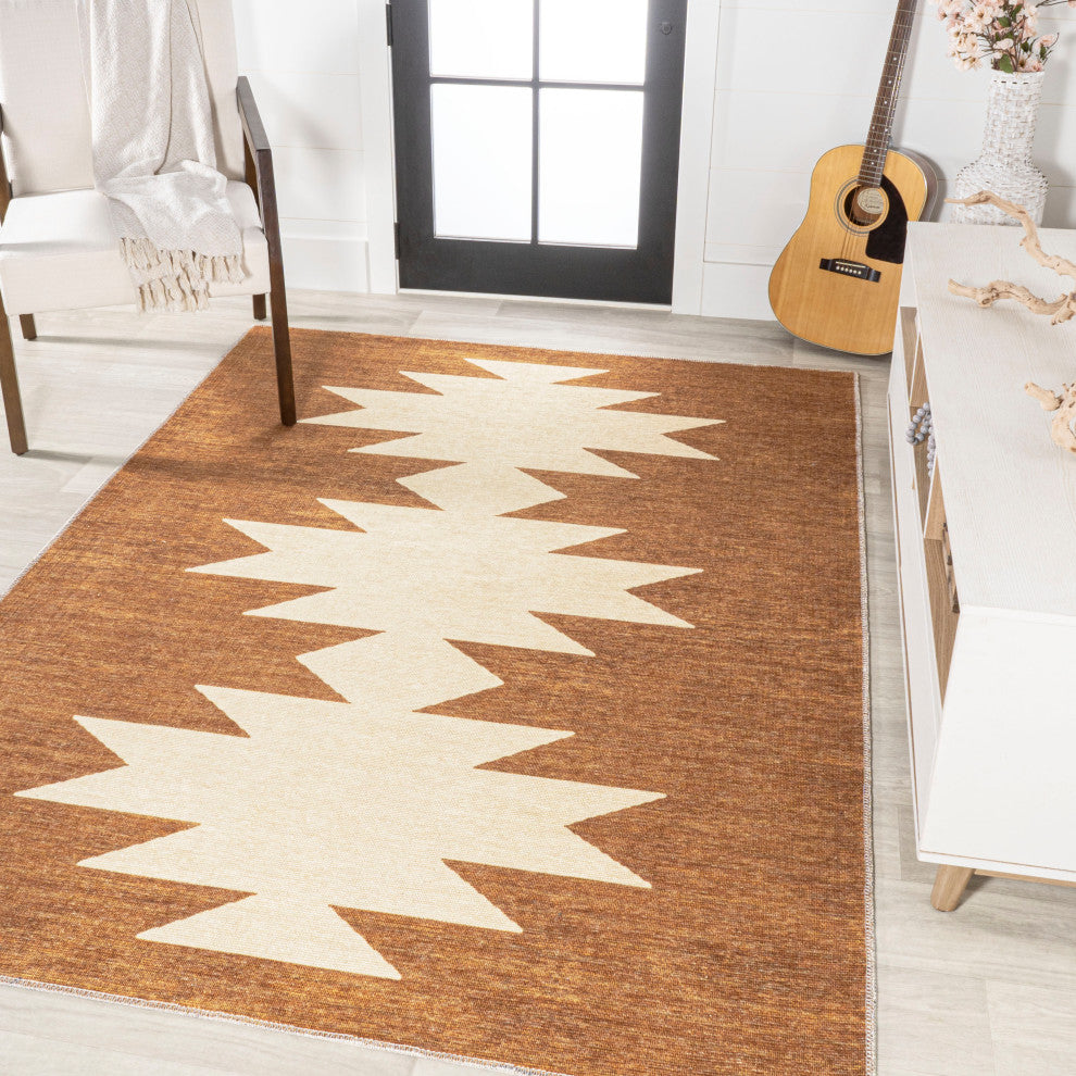 Chayton Minimalist Geometric Machine-Washable Area Rug, Rust/Cream, 5x8