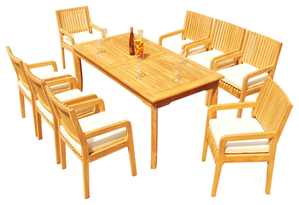 9-Piece Outdoor Patio Teak Dining Set: 71" Rectangle Table, 8 Maldives Arm Chair