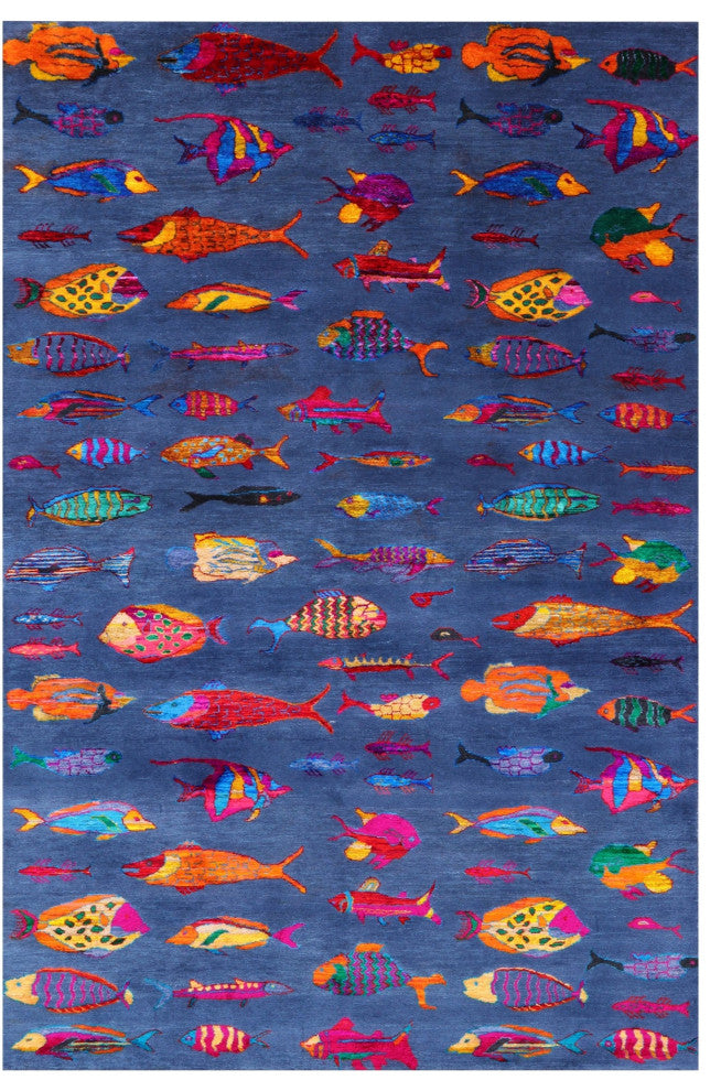 6' 0" X 9' 0" Gabbeh Fish Design Hand-Knotted Wool & Silk Rug - Q15980