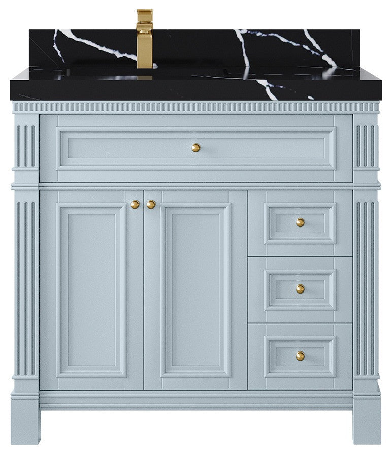 Paris 36" Left Offset Bathroom Vanity, Blue Heather 2" Calacatta Black
