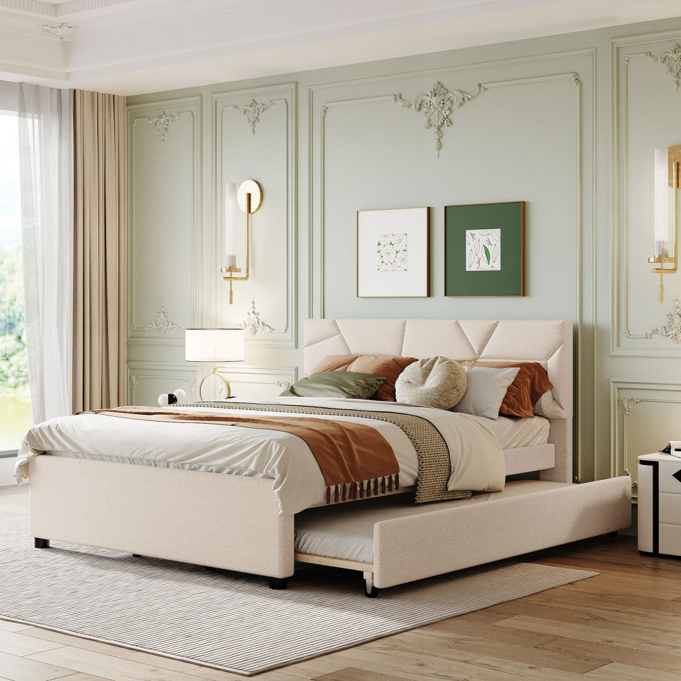 Gewnee Queen Size Upholstered Platform Bed in Beige